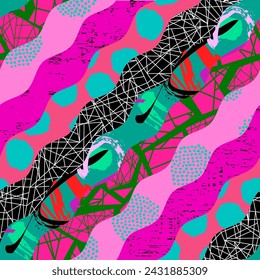 Colorful seamless pattern with collage art texture. Modern contemporary art background, triangles geometric shape hand drawn print, maximalist patchwork paint wallpaper.