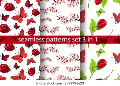 Colorful seamless pattern collection featuring butterflies, ladybugs, and floral designs for vibrant textile and wallpaper projects