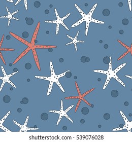 Colorful seamless pattern with collection of sea stars. Marine background vector. Illustration with starfishes icons. Decorative wallpaper, good for printing