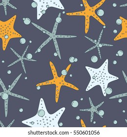 Colorful seamless pattern with collection of sea stars. Marine background vector. Illustration with starfishes icons. Decorative wallpaper, good for printing