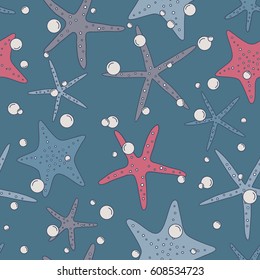 Colorful seamless pattern with collection of sea stars. Marine background vector. Illustration with starfishes icons. Decorative wallpaper, good for printing
