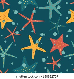 Colorful seamless pattern with collection of sea stars. Marine background vector. Illustration with starfishes icons. Decorative wallpaper, good for printing