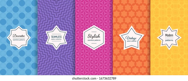 Colorful seamless pattern collection. Set of simple vector geometric background swatches with elegant minimal labels. Abstract modern textures. Design for children, girls and boys, decoration, print