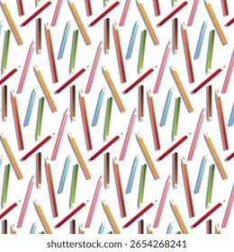 Colorful seamless pattern of colored pencils on white background. Ideal for school, education, kids art, and creative design.
