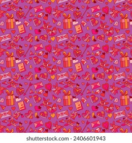 A colorful seamless pattern composed of hearts, roses, flowers, gems, gifts, books, bows, arrows, balloons, and envelopes. 