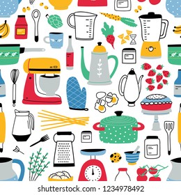 Colorful seamless pattern with cooking tools on white background. Backdrop with kitchen utensils for homemade meals preparation. Vector illustration in flat style for textile print, wrapping paper.