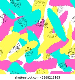 Colorful seamless pattern of cool elements on a bright background of brush strokes. 80s - 90s design style. Fashionable. Vector illustration