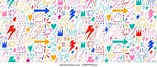 Colorful seamless pattern with crayon drawn punk elements. Hand drawn girly wallpaper with lightnings, crowns, hearts and stars. Pencil scribbles and squiggles. Seamless banner design in punk style.