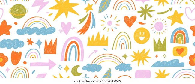 Colorful seamless pattern with crayon drawn doodles and funky elements. Hand drawn childish wallpaper with cute symbols. Vector seamless pattern with crowns, stars, rainbows and clouds.