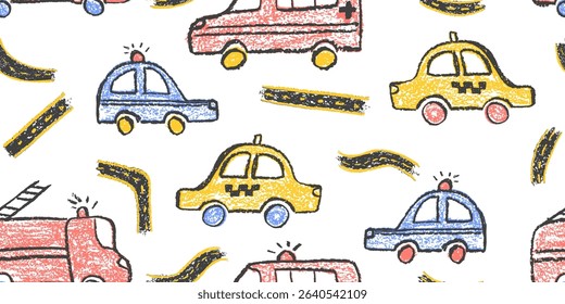 Colorful seamless pattern of crayon drawn vehicles: police, taxi car, ambulance truck and road symbol for bedroom. Vector wax pastel squiggles with charcoal texture for kindergarten education