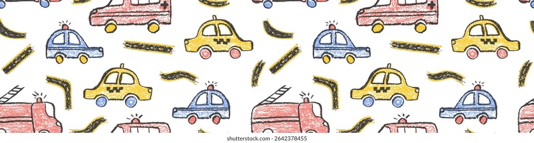 Colorful seamless pattern of crayon drawn vehicles: police car, taxi, ambulance truck and road symbol for bedroom. Vector wax pastel squiggles with charcoal texture for kindergarten education