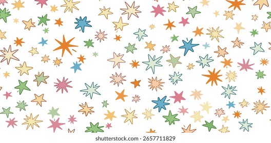 Farbenfrohe nahtlose Muster mit Buntstift gezeichneten Sternen, Funken und Funkeln. Handgezeichneter kindischer Hintergrund zum Einwickeln von Papier. 