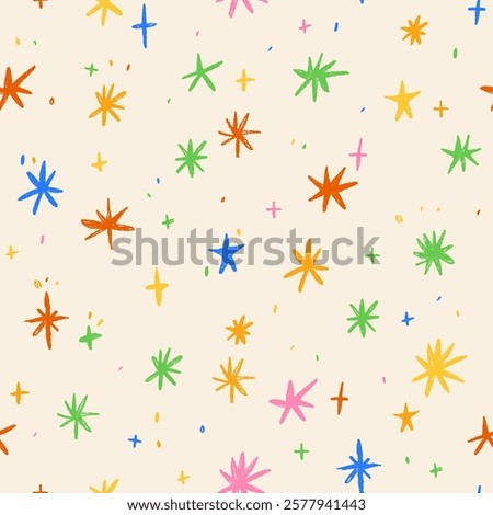Colorful seamless pattern with crayon drawn stars, sparks and sparkles. Hand drawn childish background for wrapping paper. Childish seamless pattern with cute funky small elements.