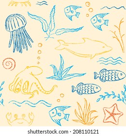 Colorful seamless pattern with crayon sea animals