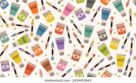Colorful seamless pattern with crayons, gouache, oil paints, and scattered dots in messy arrangement. Flat cartoon style ideal for art themed products, kids designs, and school supplies.
