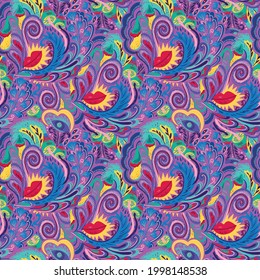 Colorful seamless pattern with crazy psychedelic organic abstract elements, print with plant and mushrooms motifs and bright neon colors 