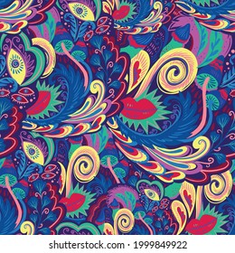 Colorful seamless pattern with crazy psychedelic organic abstract elements, print with plant and mushrooms motifs and bright neon colors 