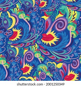 Colorful seamless pattern with crazy psychedelic organic abstract elements, print with plant and mushrooms motifs and bright neon colors 