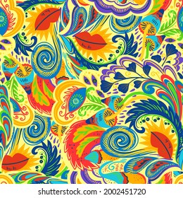 Colorful seamless pattern with crazy psychedelic organic abstract elements, print with plant and mushrooms 