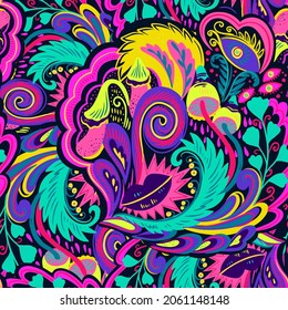 Colorful seamless pattern with crazy psychedelic organic abstract elements, print with plant and mushrooms motifs and bright neon colors 