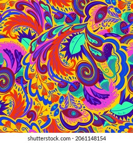 Colorful seamless pattern with crazy psychedelic organic abstract elements, print with plant and mushrooms motifs and bright neon colors 