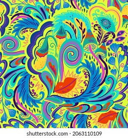 Colorful seamless pattern with crazy psychedelic organic abstract elements, print with plant and mushrooms motifs and bright neon colors 