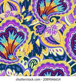 Colorful seamless pattern with crazy psychedelic organic abstract elements, print with plant and mushrooms 