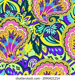 Colorful seamless pattern with crazy psychedelic organic abstract elements, print with plant and mushrooms 