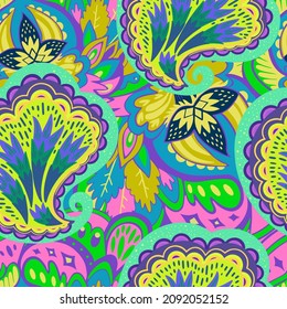 Colorful seamless pattern with crazy psychedelic organic abstract elements, print with plant and mushrooms 