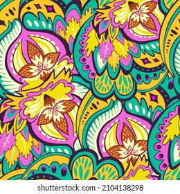 Colorful seamless pattern with crazy psychedelic organic abstract elements, print with plant and mushrooms 