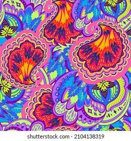 Colorful seamless pattern with crazy psychedelic organic abstract elements, print with plant and mushrooms 