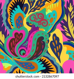 Colorful seamless pattern with crazy psychedelic organic abstract elements, print with plant and mushrooms 