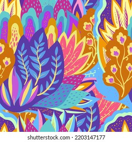 Colorful seamless pattern with crazy psychedelic organic abstract elements, print with plant and mushrooms motifs 