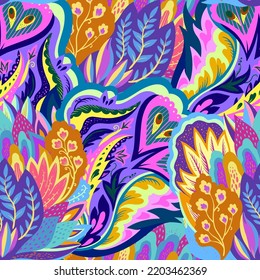 Colorful seamless pattern with crazy psychedelic organic abstract elements, print with plant and mushrooms motifs 