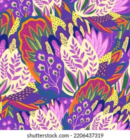 Colorful seamless pattern with crazy psychedelic organic abstract elements, print with plant and mushrooms motifs 