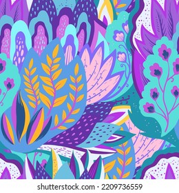 Colorful seamless pattern with crazy psychedelic organic abstract elements, print with plant and mushrooms motifs 