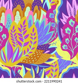 Colorful seamless pattern with crazy psychedelic organic abstract elements, print with plant and mushrooms motifs 