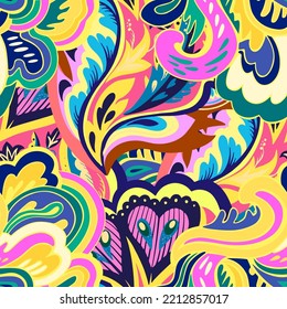 Colorful seamless pattern with crazy psychedelic organic abstract elements, print with plant and mushrooms motifs 
