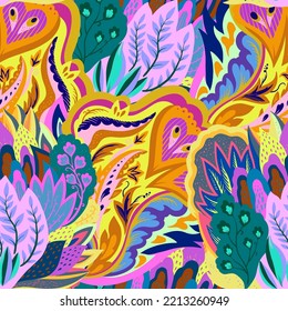 Colorful seamless pattern with crazy psychedelic organic abstract elements, print with plant and mushrooms motifs 