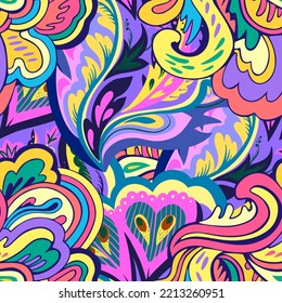 Colorful seamless pattern with crazy psychedelic organic abstract elements, print with plant and mushrooms motifs 