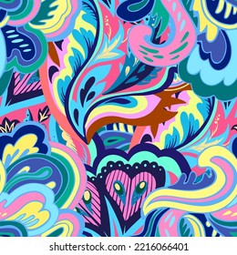 Colorful seamless pattern with crazy psychedelic organic abstract elements, print with plant and mushrooms motifs 