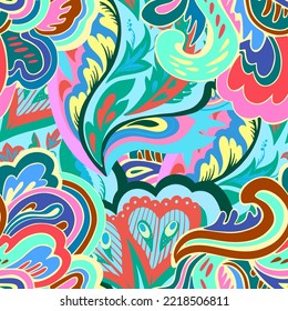 Colorful seamless pattern with crazy psychedelic organic abstract elements, print with plant and mushrooms motifs 