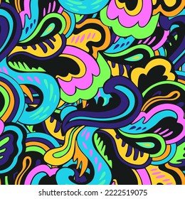 Colorful seamless pattern with crazy psychedelic organic abstract elements, print with plant and mushrooms motifs 