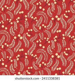 Patrón ininterrumpido colorido con ramas de bayas estilizadas creativas y tallo de hojas. Esbozo dibujado a mano por vectores. Fondo retro simple con ramas y gotas de hojas florales diminutas. Diseño para la moda