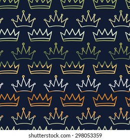 Colorful seamless pattern with crown elements separated by color stripes on dark background.