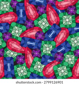 Colorful seamless pattern with crystal gemstones, mosaic diamonds, emeralds and rubies in stained glass style.
