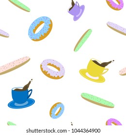 Colorful seamless pattern of cup of coffee eclair and donut on white background Vector Illustration
