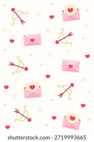 Colorful seamless pattern of cupid bow and arrows, love letters, and hearts scattered on white background. Perfect for playful Valentine themes, wedding crafts, and love-inspired backgrounds.