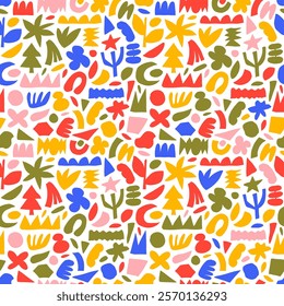 Colorful seamless pattern with cut out organic shapes and geometric figures. Abstract collage paper texture. Hand drawn kid organic shapes, primitive and naive forms. Vector wrapping paper.