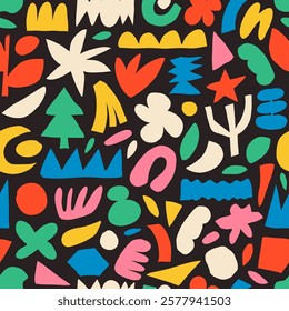 Colorful seamless pattern with cut out organic shapes and geometric figures. Abstract collage paper texture. Hand drawn kid organic shapes, primitive and naive forms. Vector wrapping paper.